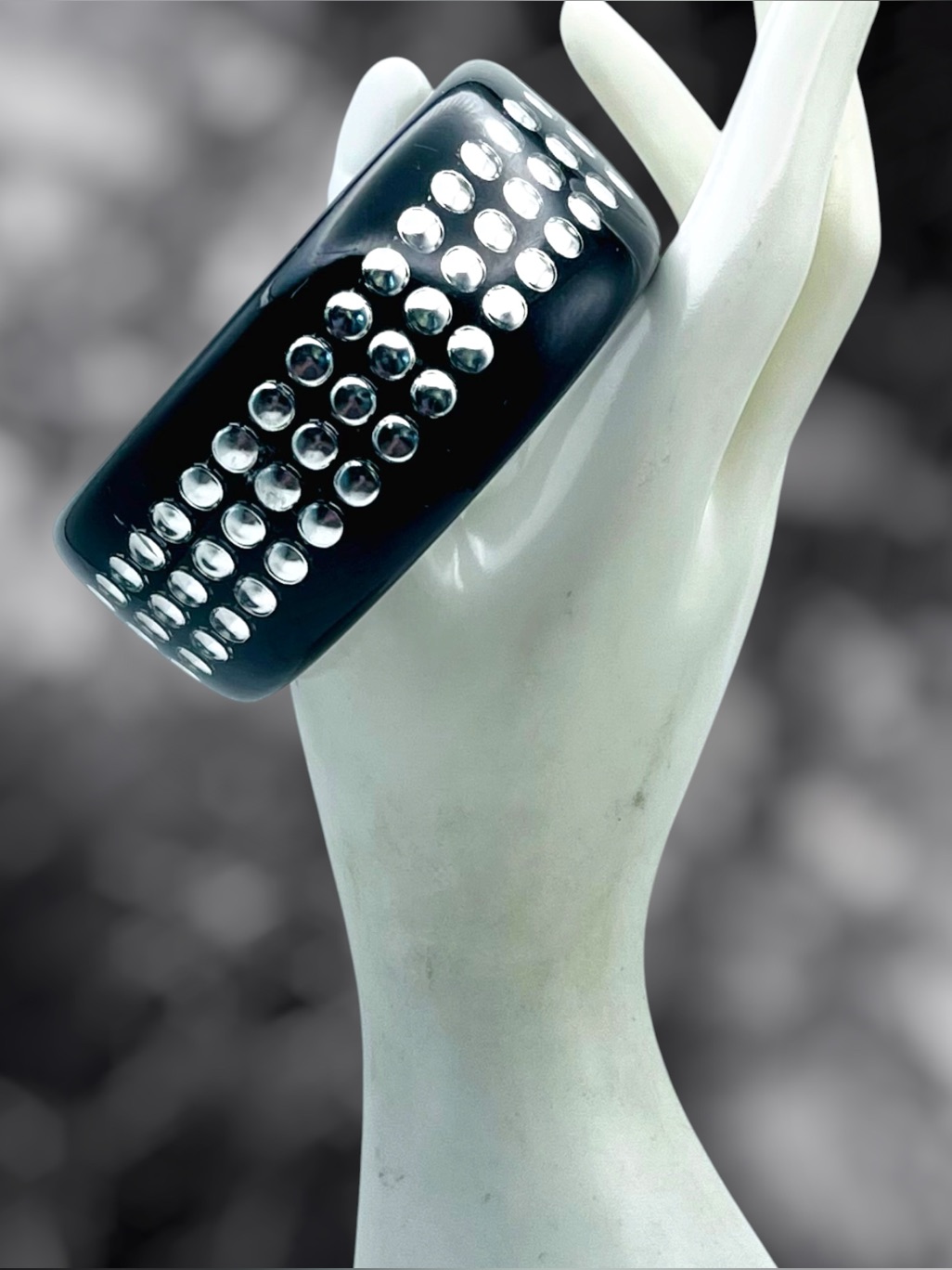 Vintage 1980s Chunky Silver Studded Black Lucite Bangle Bracelet Statement Pc